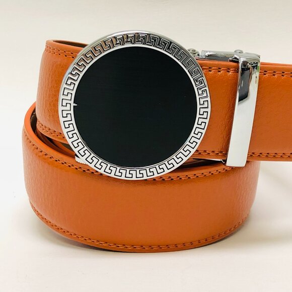 Automatic Silver Lion Designer Buckle Men's Orange Ratchet Genuine Leather Dress - Picture 1 of 3